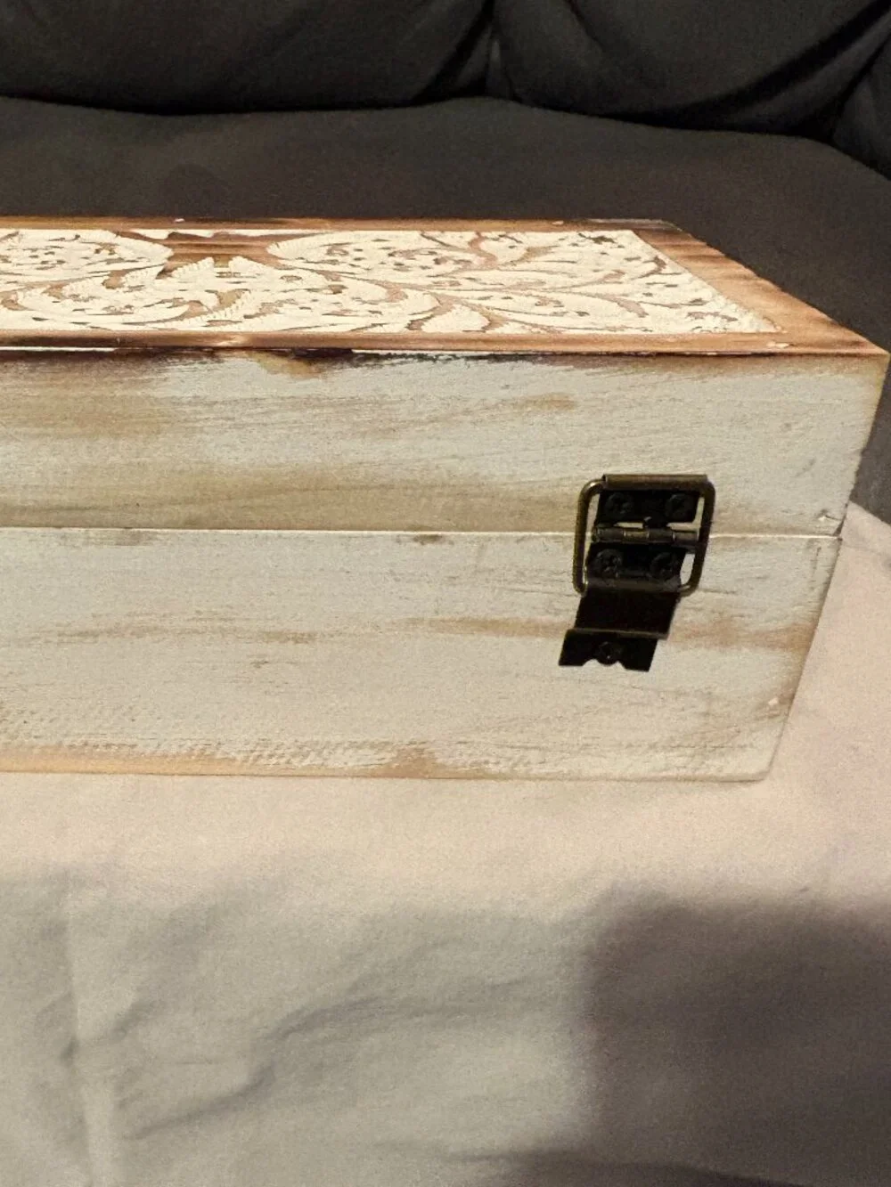 Carved Mango Wooden Box-Rustic Farmhouse w/ Hinged Lid-Whitewashed-8